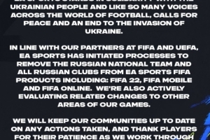 EA官方：FIFA22将移除俄罗斯国家队和俱乐部